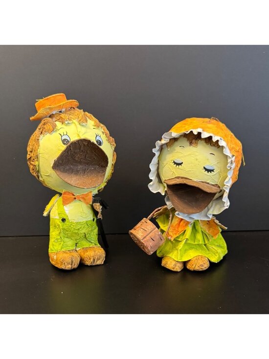 None Other - Vintage Handmade Papier-Mâché Duck Figurines Boy & Girl Set Rustic Yellow & Oran